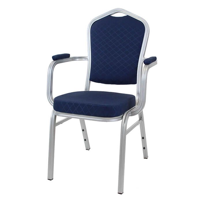 Profile view of blue aluminium diamond stacking armchair