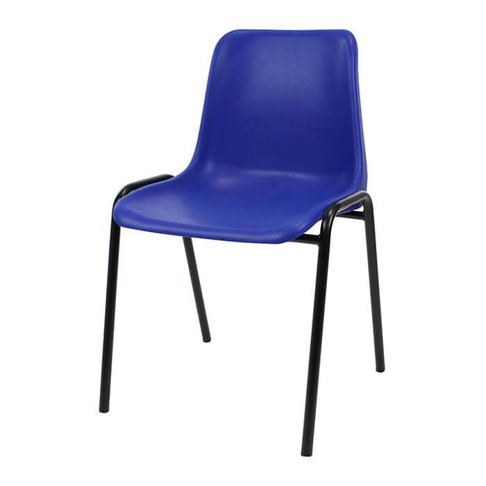 Profile view of blue shell plastic stacking chair