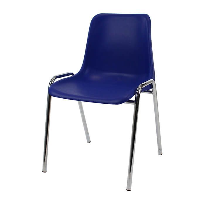 Profile view of blue shell plastic stacking chair