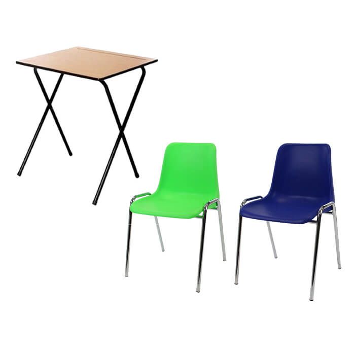 20 Folding Exam Desks and Plastic Stacking Chairs Bundle