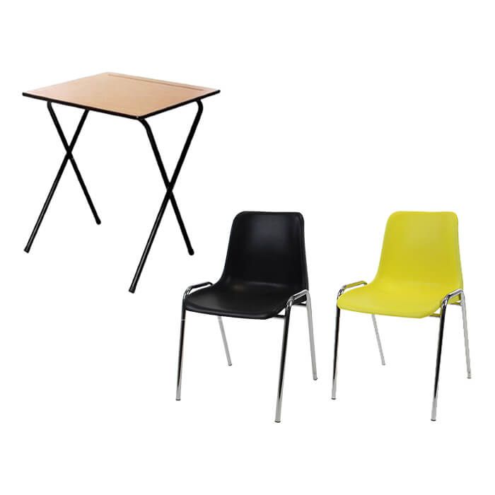 50 Folding Exam Desks and Plastic Stacking Chairs Bundle