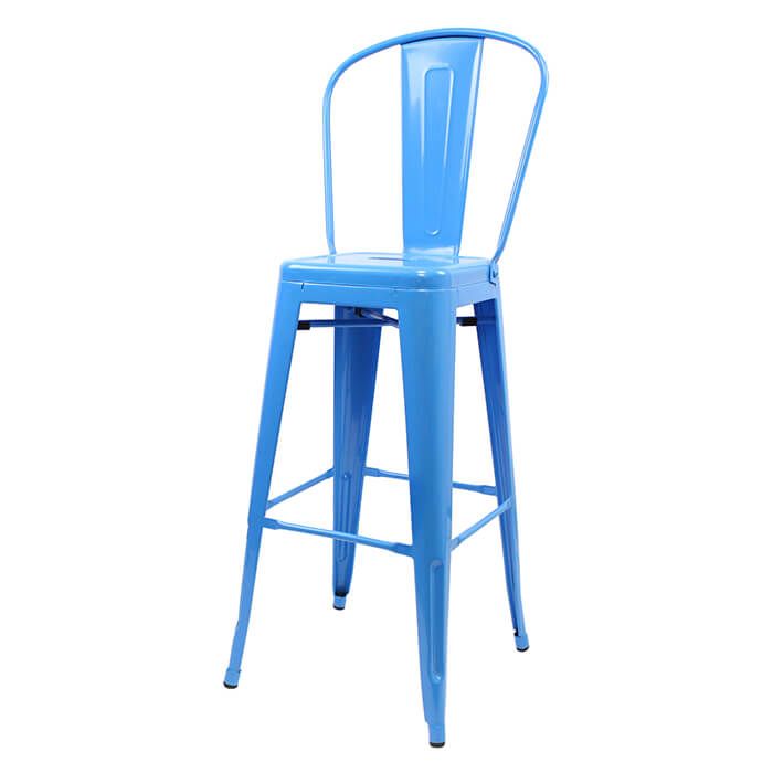 Profile view of blue Tolix tall back stool