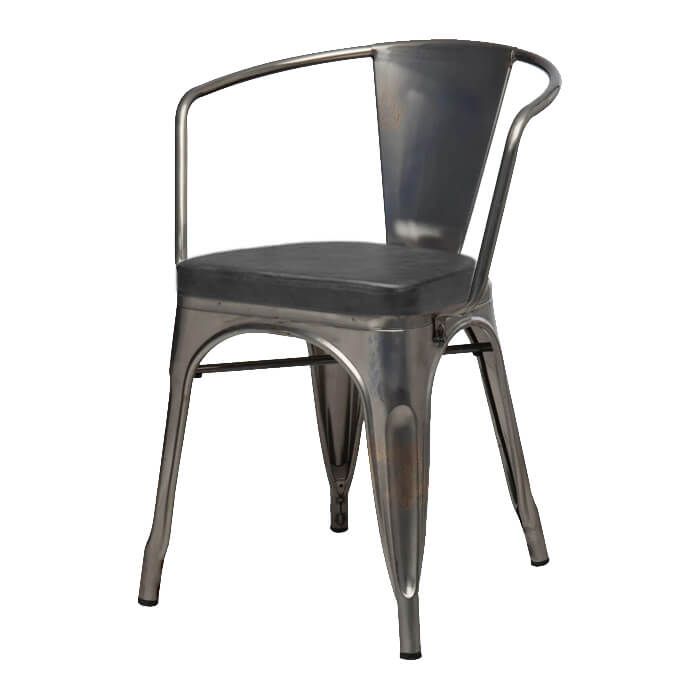 Profile view of industrial grey Tolix armchair with box seat