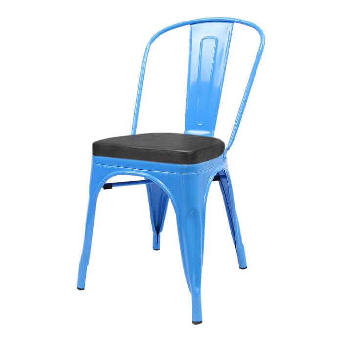 Profile view of blue Tolix chair with box seat