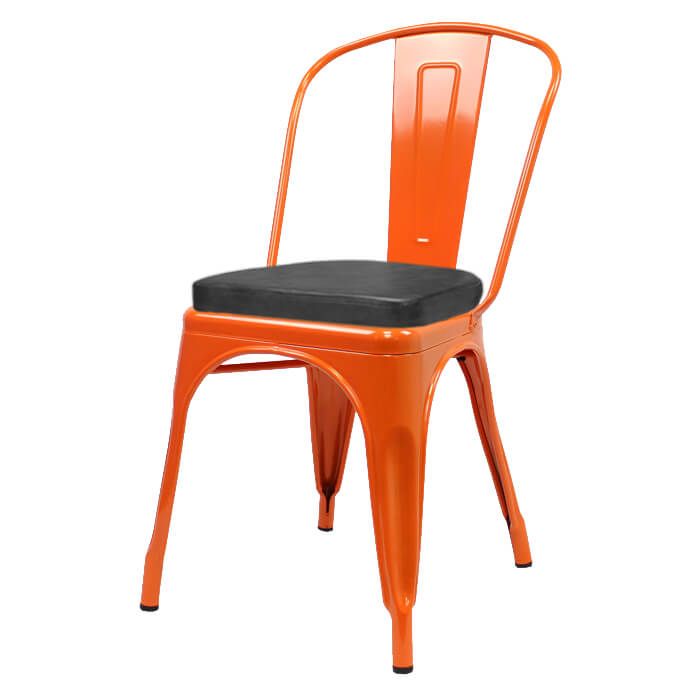 Profile view of orange Tolix chair with box seat