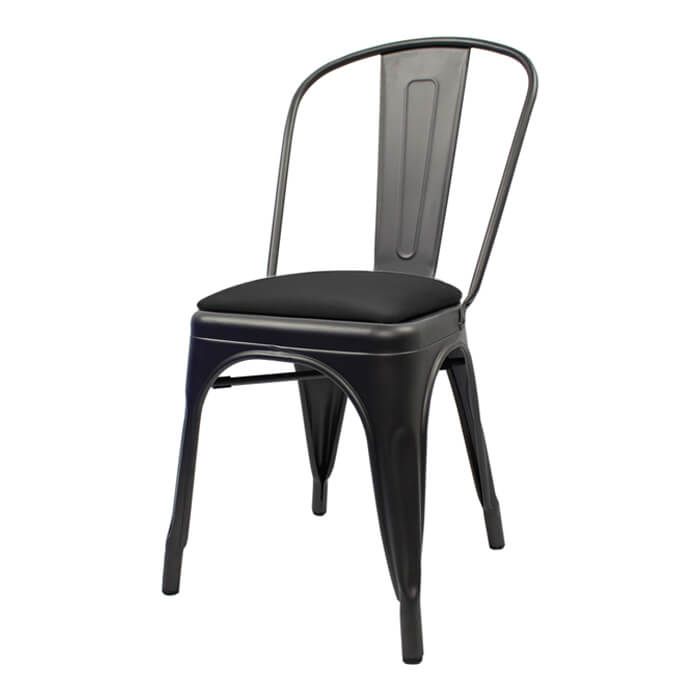Profile view of matte gun metal Tolix chair with dome seat