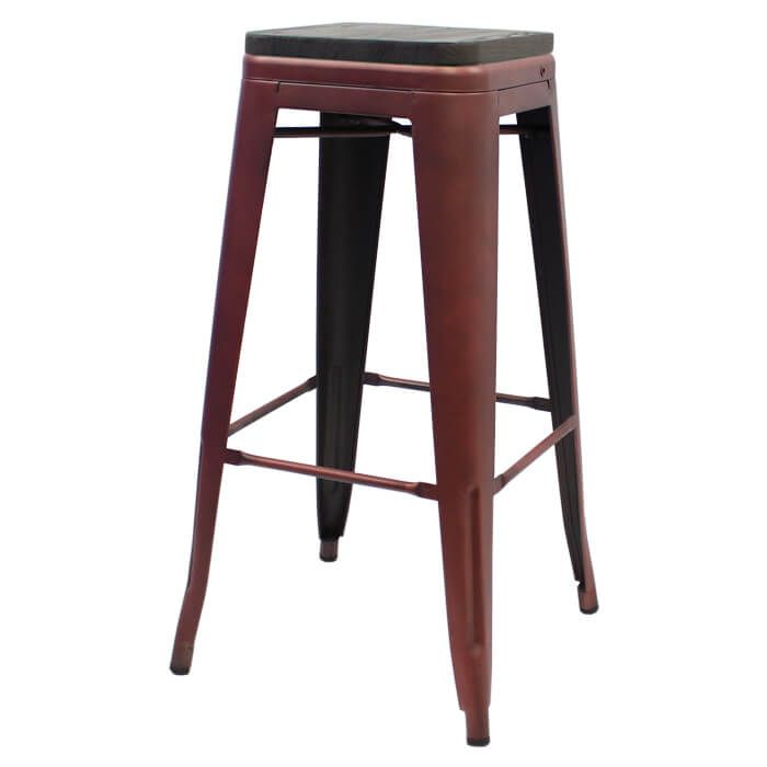 Profile view of copper Tolix low stool with walnut seat