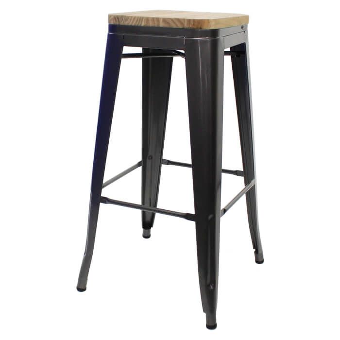 Tolix Style Bistro Bar Stool with Wooden Seat | Gloss Gun Metal