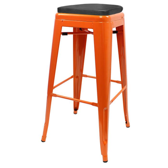 Profile view of orange Tolix bar stool with box seat