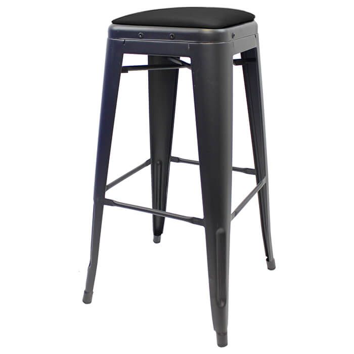 Profile view of matte gun metal Tolix bar stool with dome seat