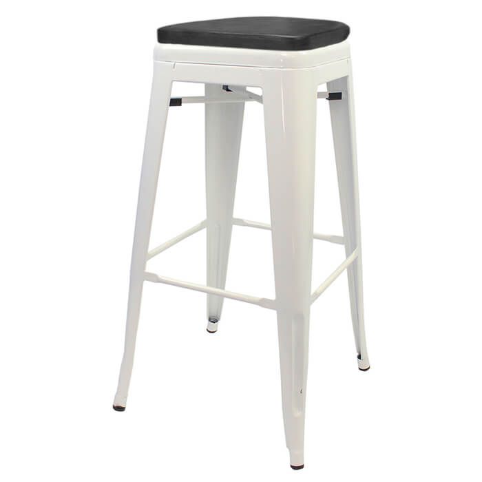 Profile view of white Tolix bar stool with box seat