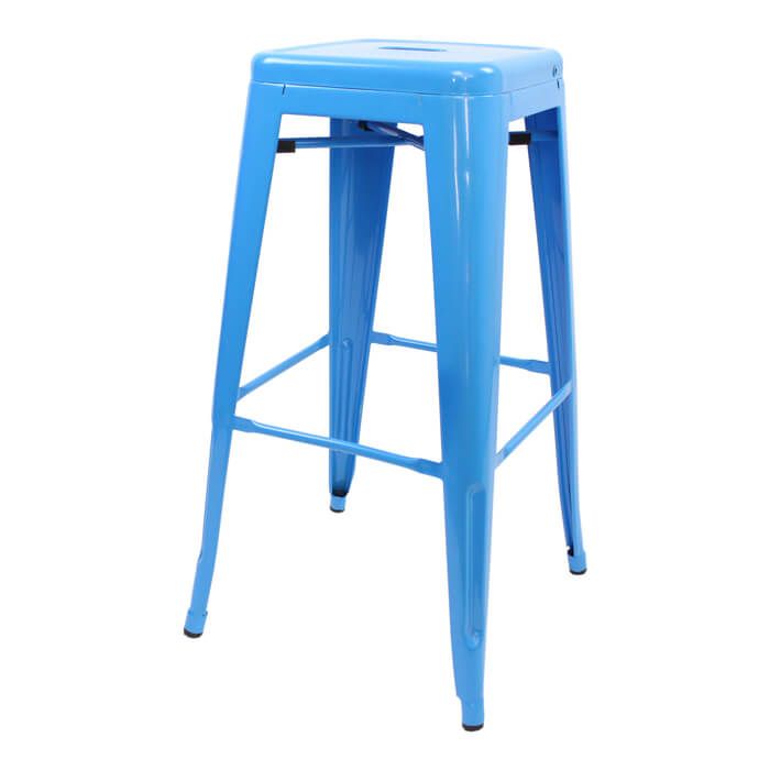 Profile view of blue Tolix bar stool