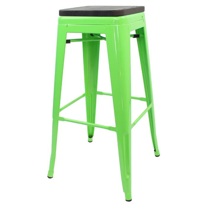 Profile view of green Tolix low stool with walnut seat