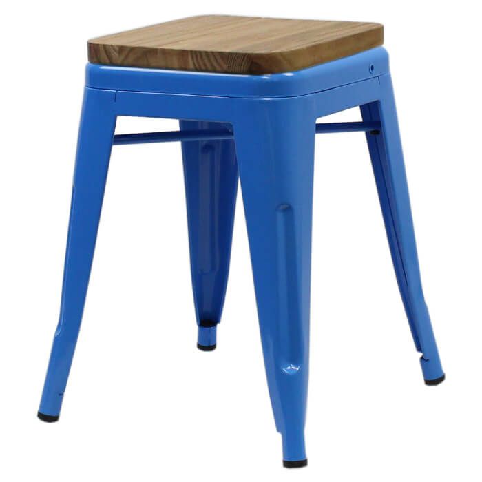Profile view of blue Tolix low stool with oak seat