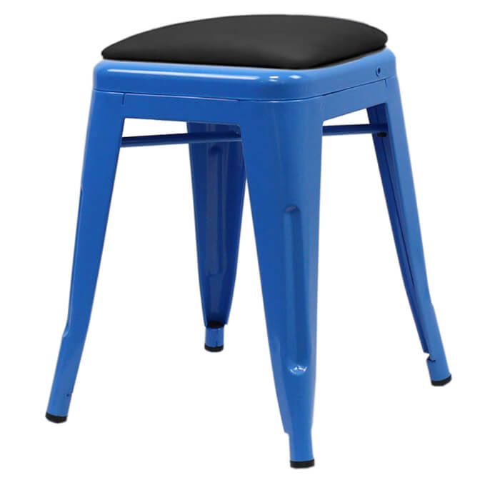 Profile view of blue Tolix low stool with dome seat