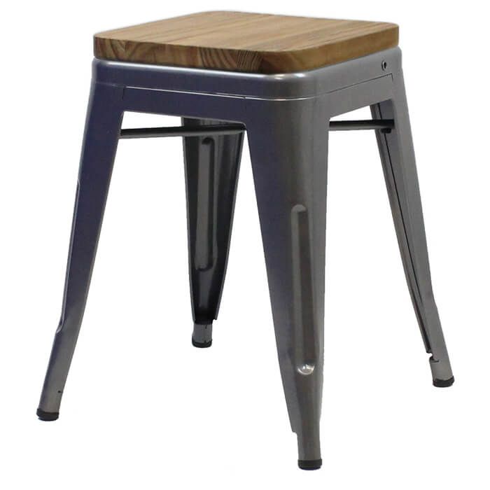 Tolix Style Bistro Low Stool with Wooden Seat | Gloss Gun Metal