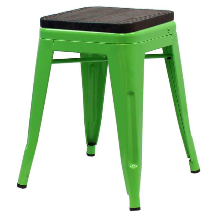 Profile view of green Tolix low stool with walnut seat