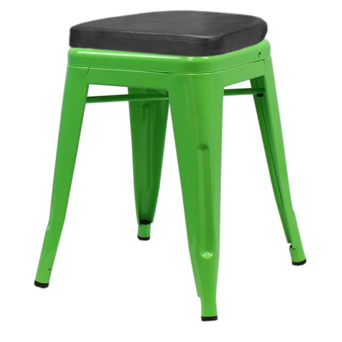 Profile view of green Tolix low stool with box seat