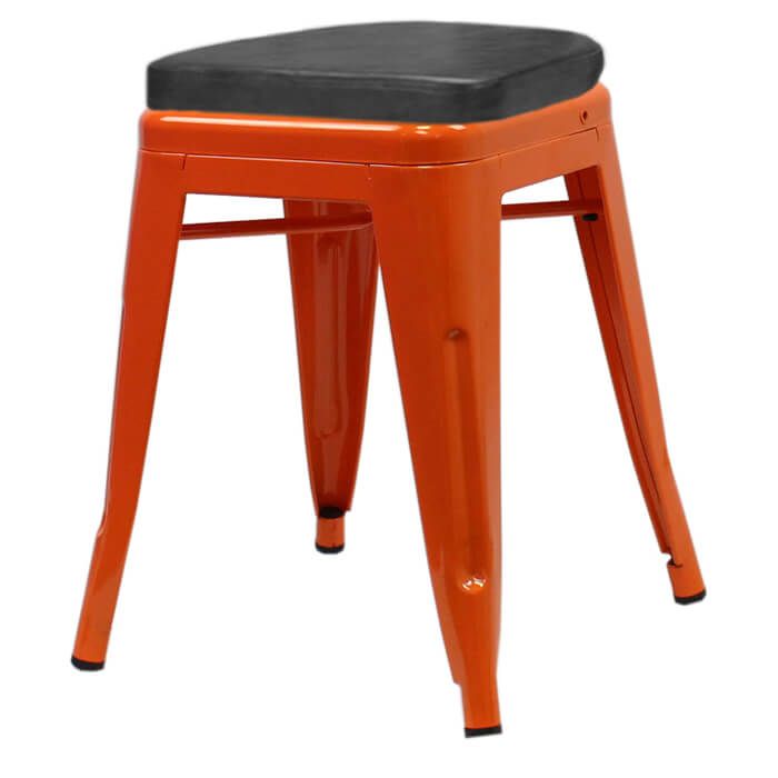 Profile view of orange Tolix low stool with box seat