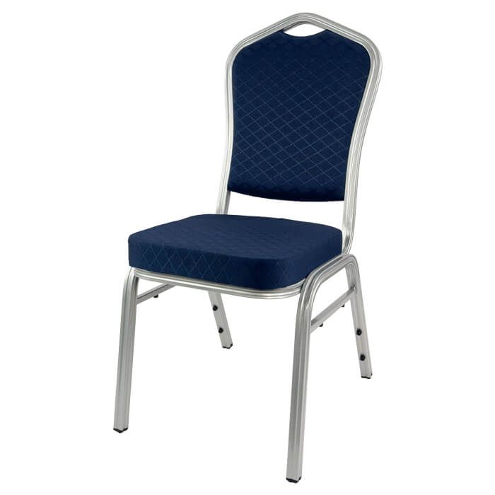 Profile view of blue aluminium diamond stacking chair
