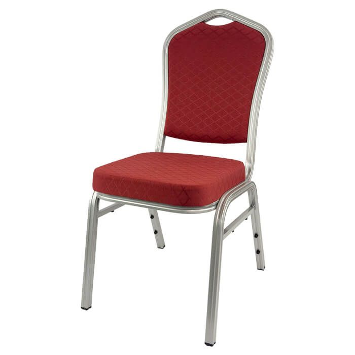 Profile view of red aluminium diamond stacking chair