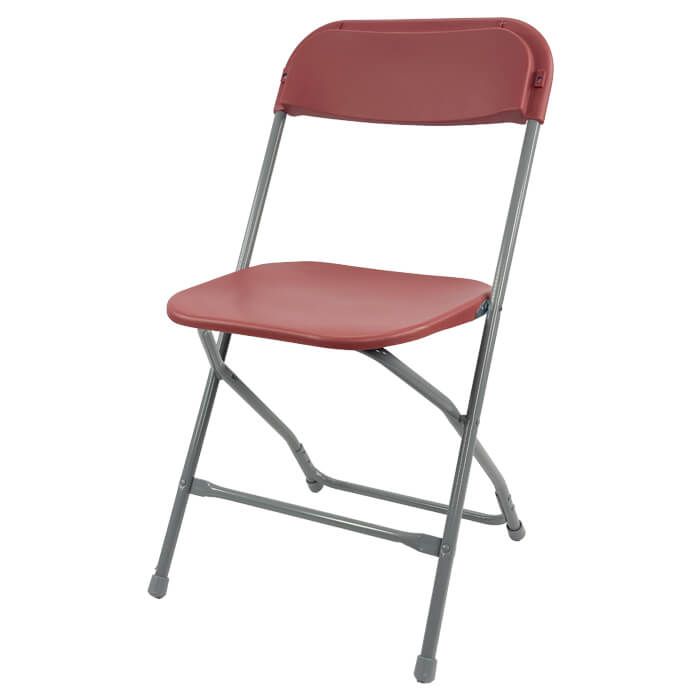 Profile view of burgundy economy plastic folding chair