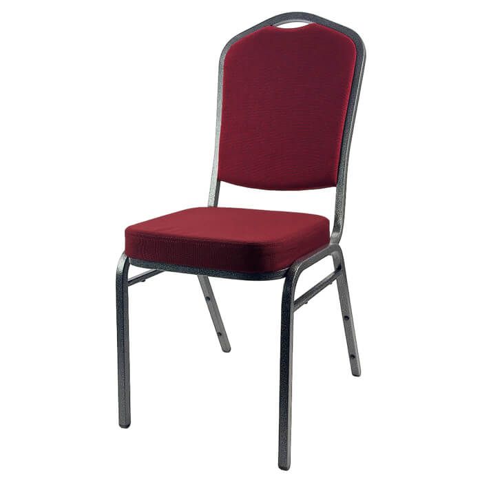 Profile view of burgundy steel diamond stacking chair