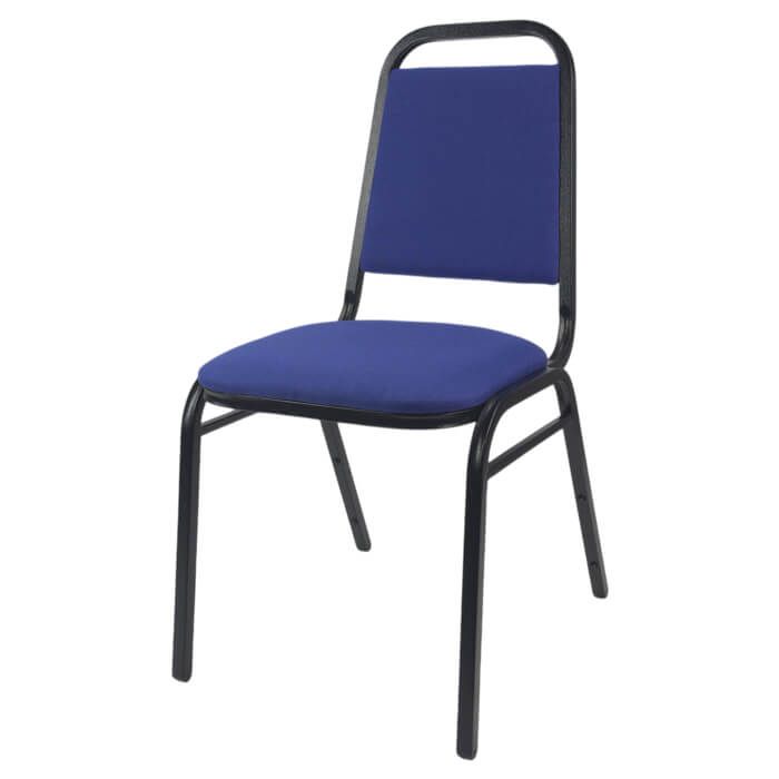 Profile view of blue economy steel stacking chair