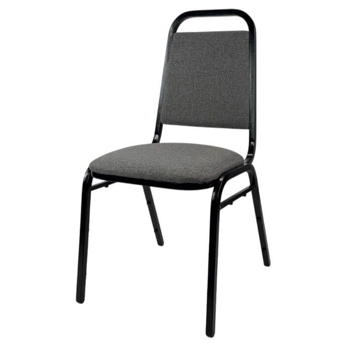 Profile view of grey economy steel stacking chair