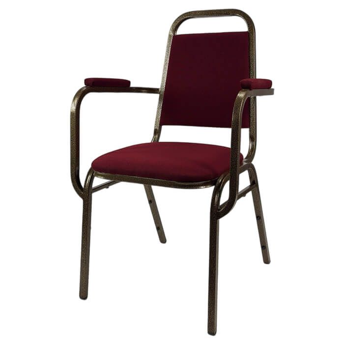 Profile view of gold vein burgundy steel economy armchair