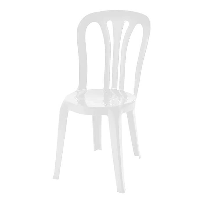 Profile view of white Garrotxa plastic chair