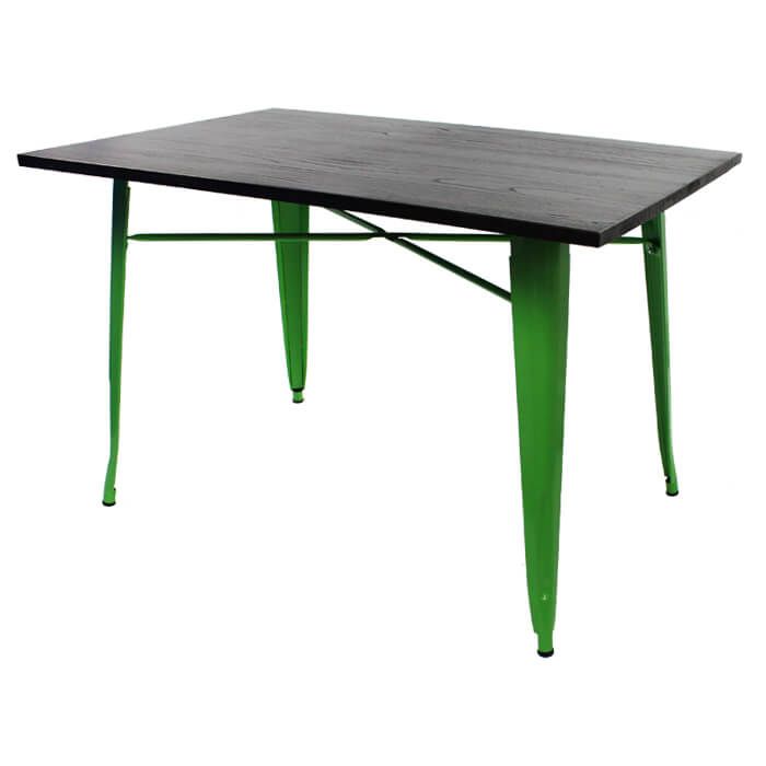 Tolix Style Dining Table - 120cm x 80cm Rectangle - Gloss Green with Dark Oak Top