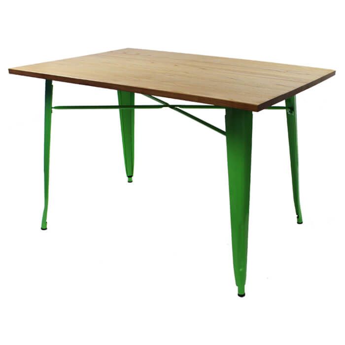 Tolix Style Dining Table - 120cm x 80cm Rectangle - Gloss Green with Light Oak Top