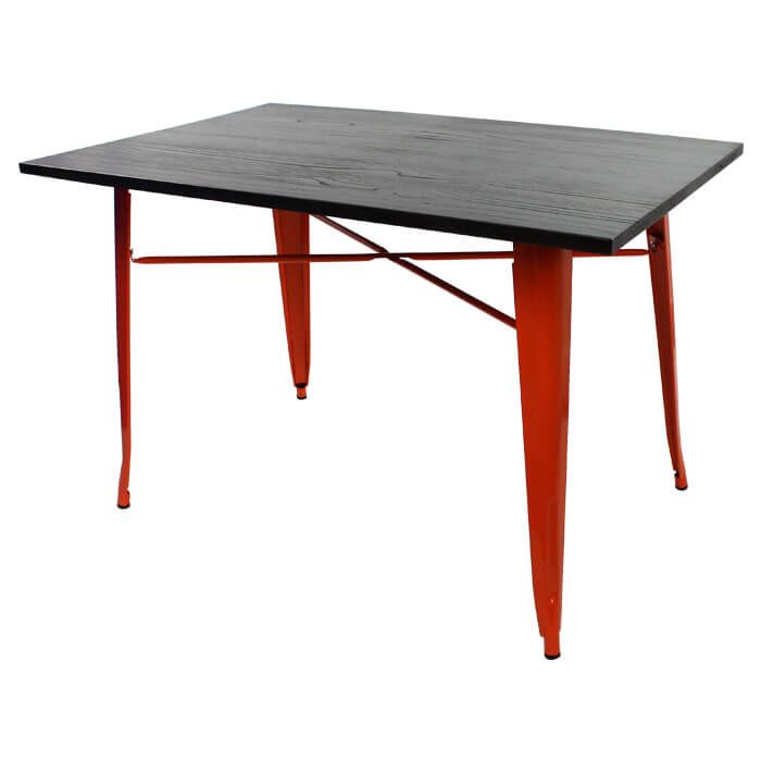 Tolix Style Dining Table - 120cm x 80cm Rectangle - Gloss Orange with Dark Oak Top
