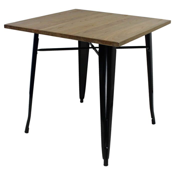 Profile view of gloss black Tolix dining table with light oak top