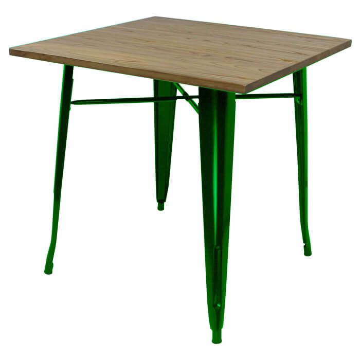 Tolix Style Dining Table - 80cm Square - Gloss Green with Wooden Top - Light Oak