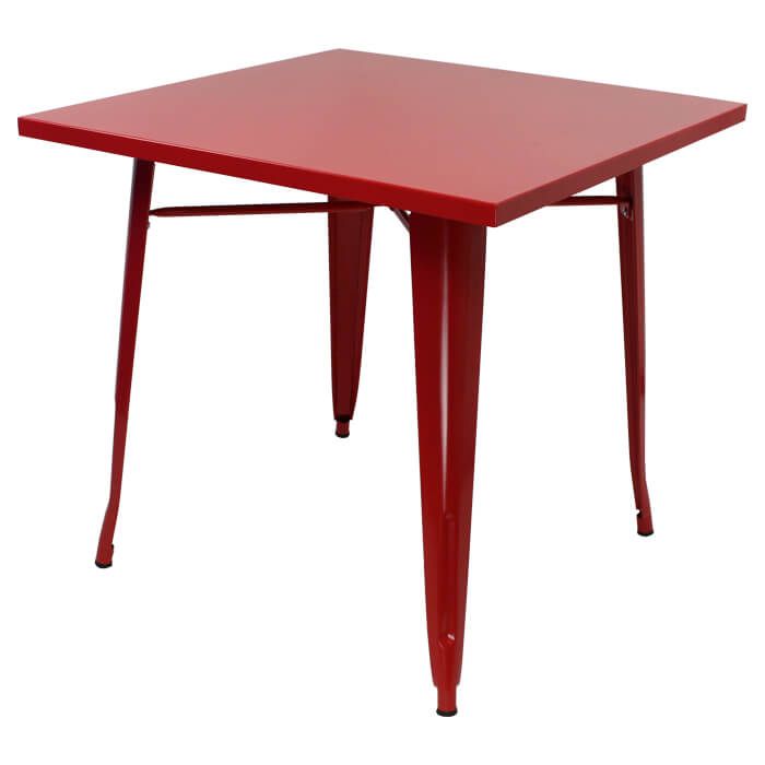 Profile view of red Tolix dining table