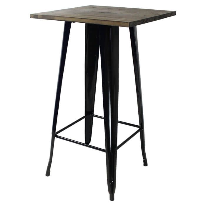 Profile view of gloss black Tolix bar table with dark oak top