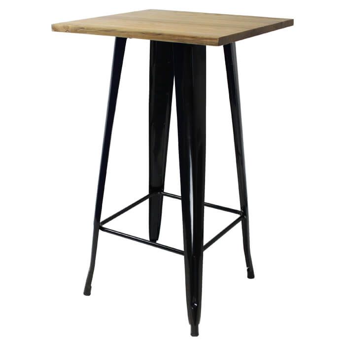 Profile view of gloss black Tolix bar table with light oak top