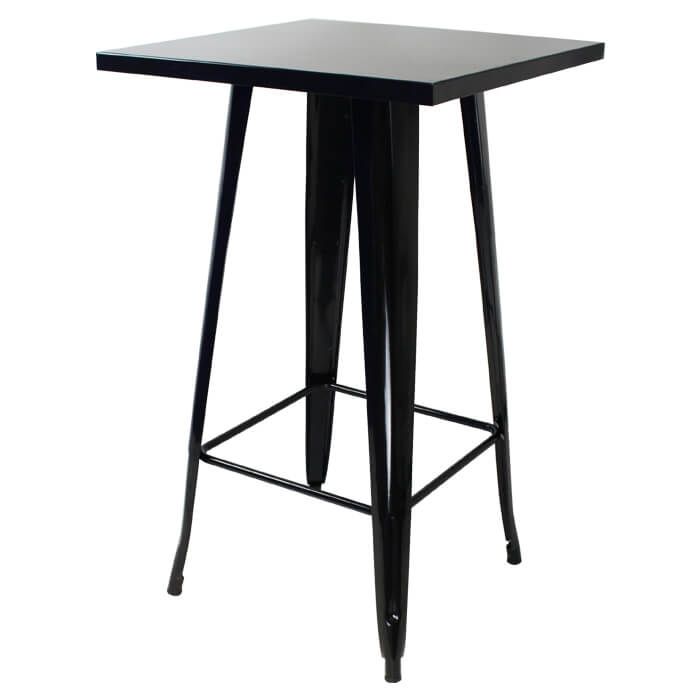 Profile view of gloss black Tolix bar table