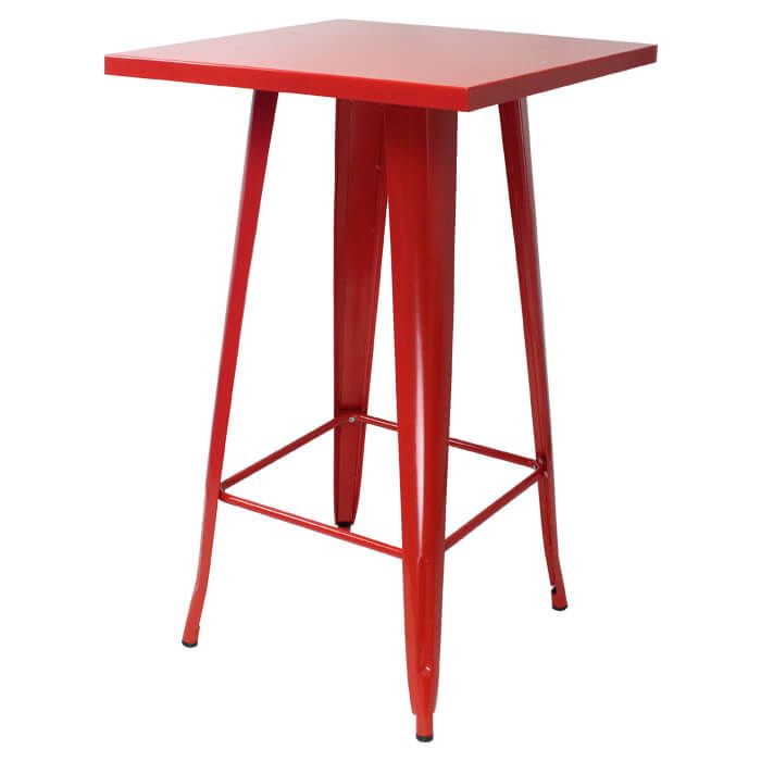 Profile view of red Tolix bar table