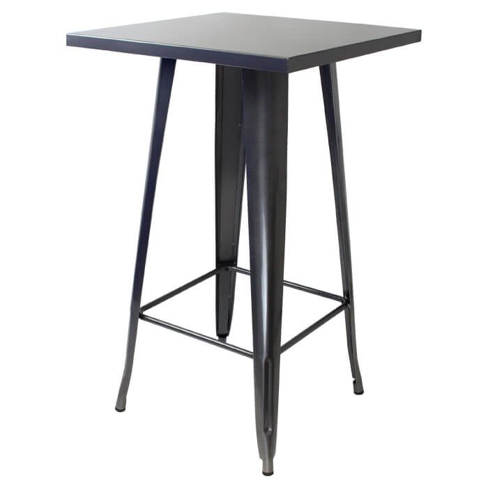Profile view of gloss gun metal Tolix bar table