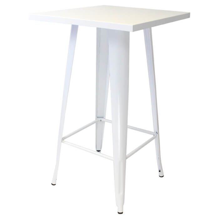 Profile view of white Tolix bar table