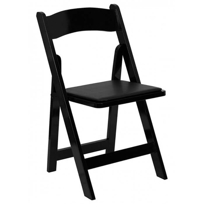 Profile view of black wooden folding chair