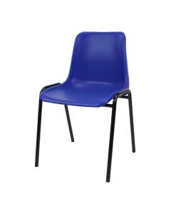 Profile view of blue shell plastic stacking chair