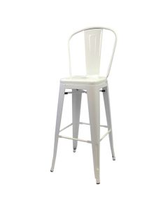 Profile view of white Tolix tall back stool
