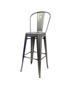 Profile view of industrial grey Tolix tall back stool