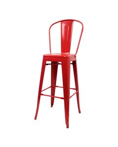 Profile view of red Tolix tall back stool