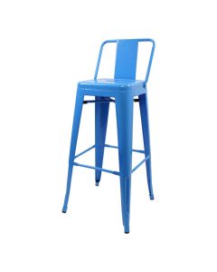 Profile view of blue Tolix low back stool