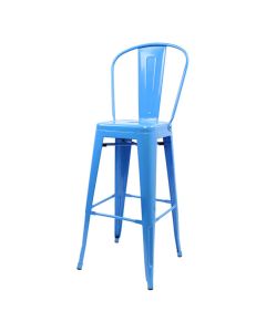 Profile view of blue Tolix tall back stool
